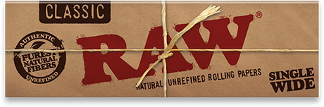front view of the RAW classic single wide rolling papers package. A classic option for smokers by RAW.