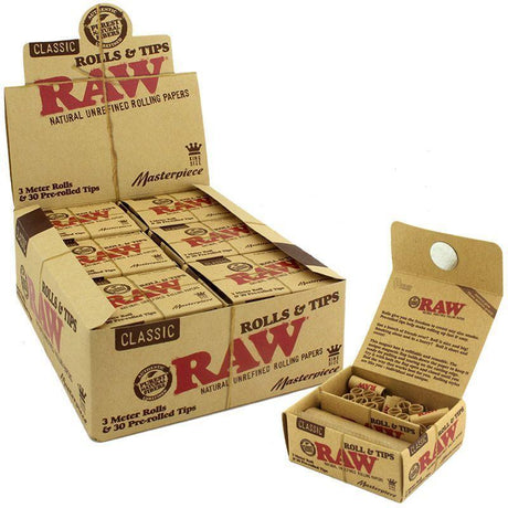 front view of the RAW Masterpiece 3m Rolls & Pre-Rolled Tips display box and inside a pack. A handy way to always have natural and well made rolling paper.