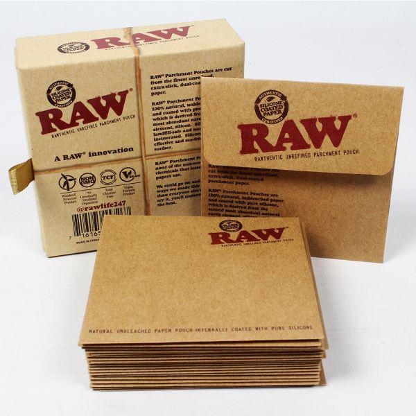 front view of the tan colored RAW nonstick parchment pouches for concentrates. A organic option for concentrate storage by RAW.