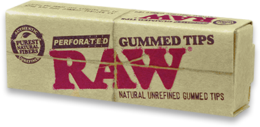 Front view of a pack of RAW perforated gummed tips. A pure and natural rolling product form the premium brand RAW