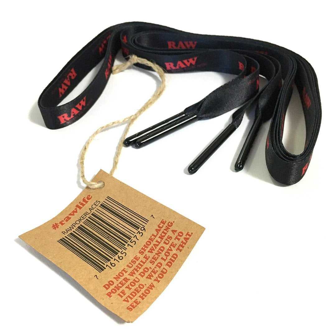 view of the RAW poker shoelaces with metal aglets. A high quality and dual purpose apparel accessory.
