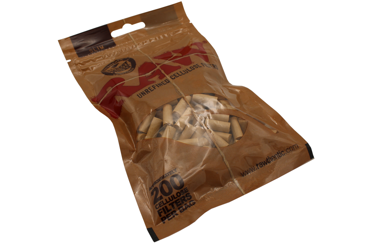 View of a bag of 200 RAW slim cellulose filters. A perfect natural and plastic free filter for smokers.