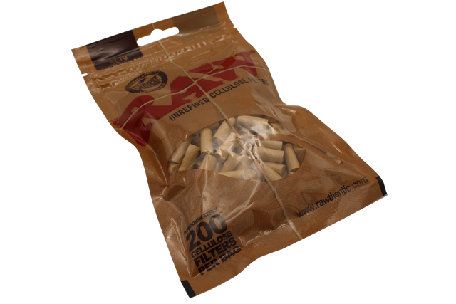 View of a bag of 200 RAW slim cellulose filters. A perfect natural and plastic free filter for smokers.