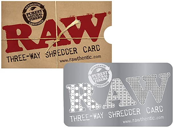 front view of the Raw shredder card and its cover. A novel and portable tool to shred smoking herb from RAW.