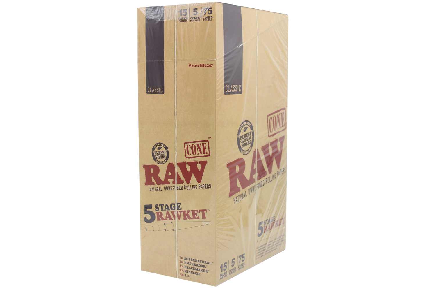 front view of the RAW 5 stage RAWket display box. A product with 5 different cone sizes in one package to enjoy any length of session.
