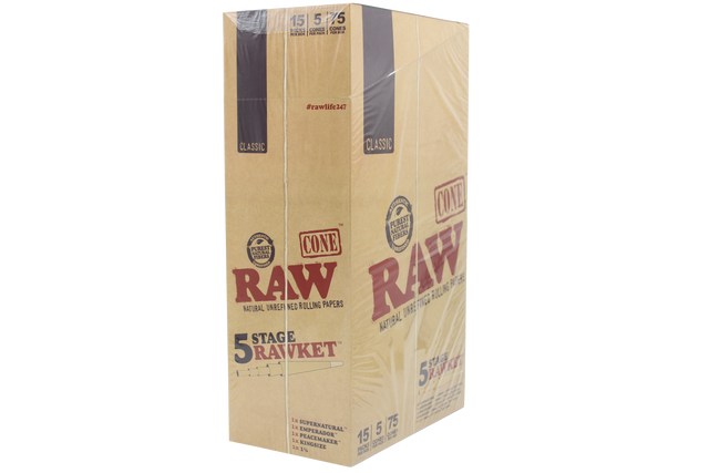 front view of the RAW 5 stage RAWket display box. A product with 5 different cone sizes in one package to enjoy any length of session.