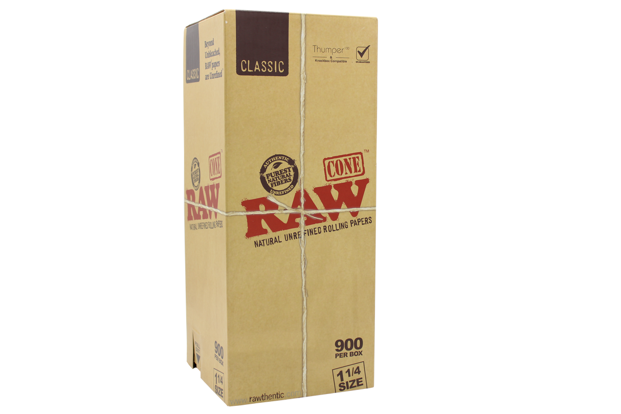 front view of the RAW Classic 1 1/4 size pre rolled cones box. Their popular and reliable cone in a large production sized box.