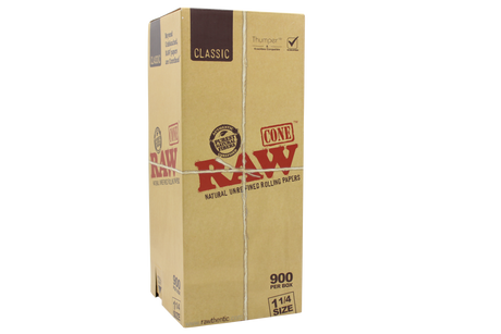front view of the RAW Classic 1 1/4 size pre rolled cones box. Their popular and reliable cone in a large production sized box.