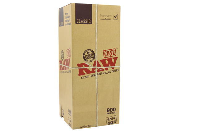 front view of the RAW Classic 1 1/4 size pre rolled cones box. Their popular and reliable cone in a large production sized box.