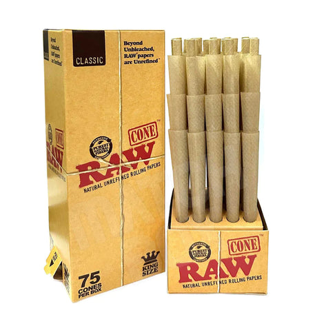 front view of the RAW king size cones display box. Made from organic materials, this production box is made for product producers or frequent rollers.