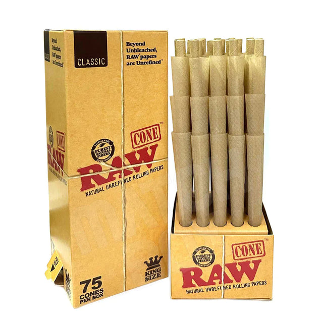 front view of the RAW king size cones display box. Made from organic materials, this production box is made for product producers or frequent rollers.
