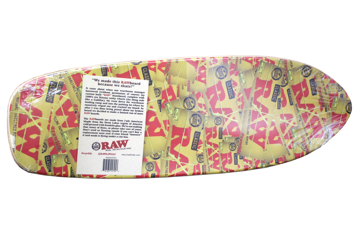 front view of the raw skateboard deck a portable skateboard with RAW branding.
