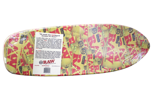 front view of the raw skateboard deck a portable skateboard with RAW branding.