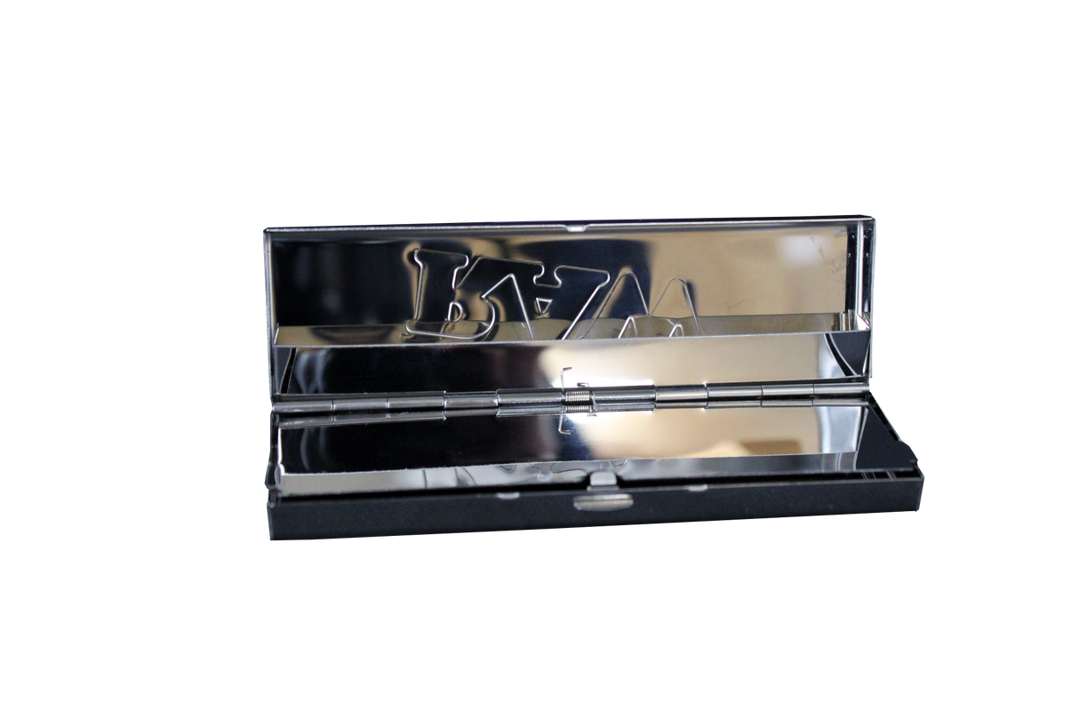open view of the RAW stainless steel paper case. a durable and crush proof case to protect your booklets and rolling papers from damage made with durable stainless steel.