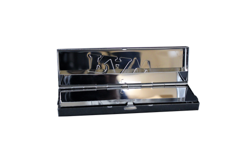 open view of the RAW stainless steel paper case. a durable and crush proof case to protect your booklets and rolling papers from damage made with durable stainless steel.