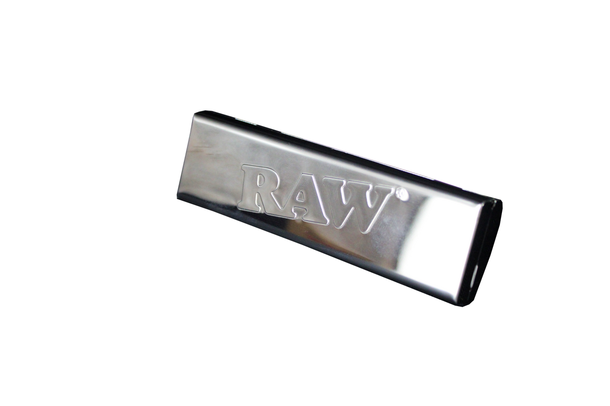 front view of the RAW stainless steel paper case. a durable and crush proof case to protect your booklets and rolling papers from damage made with durable stainless steel.