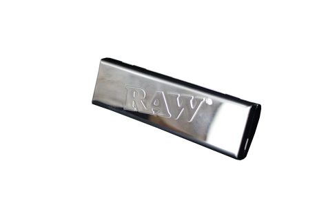 front view of the RAW stainless steel paper case. a durable and crush proof case to protect your booklets and rolling papers from damage made with durable stainless steel.