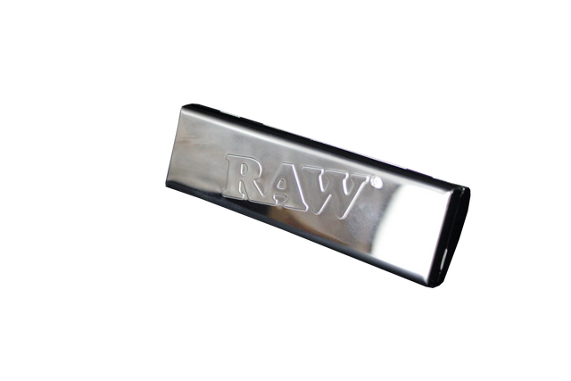 front view of the RAW stainless steel paper case. a durable and crush proof case to protect your booklets and rolling papers from damage made with durable stainless steel.