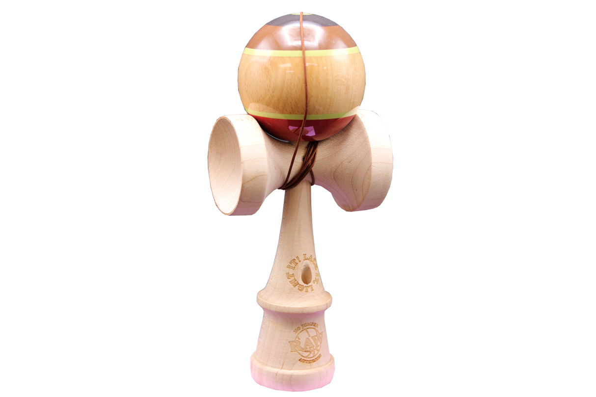 front view of the RAW Kendama, a limited edition toy requiring finesse and skill to impress your friends.