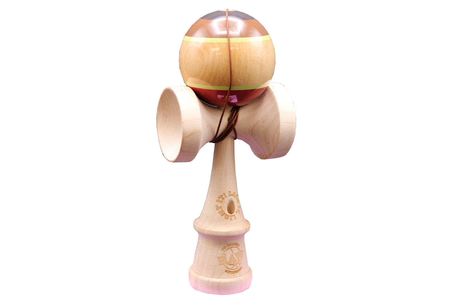 front view of the RAW Kendama, a limited edition toy requiring finesse and skill to impress your friends.
