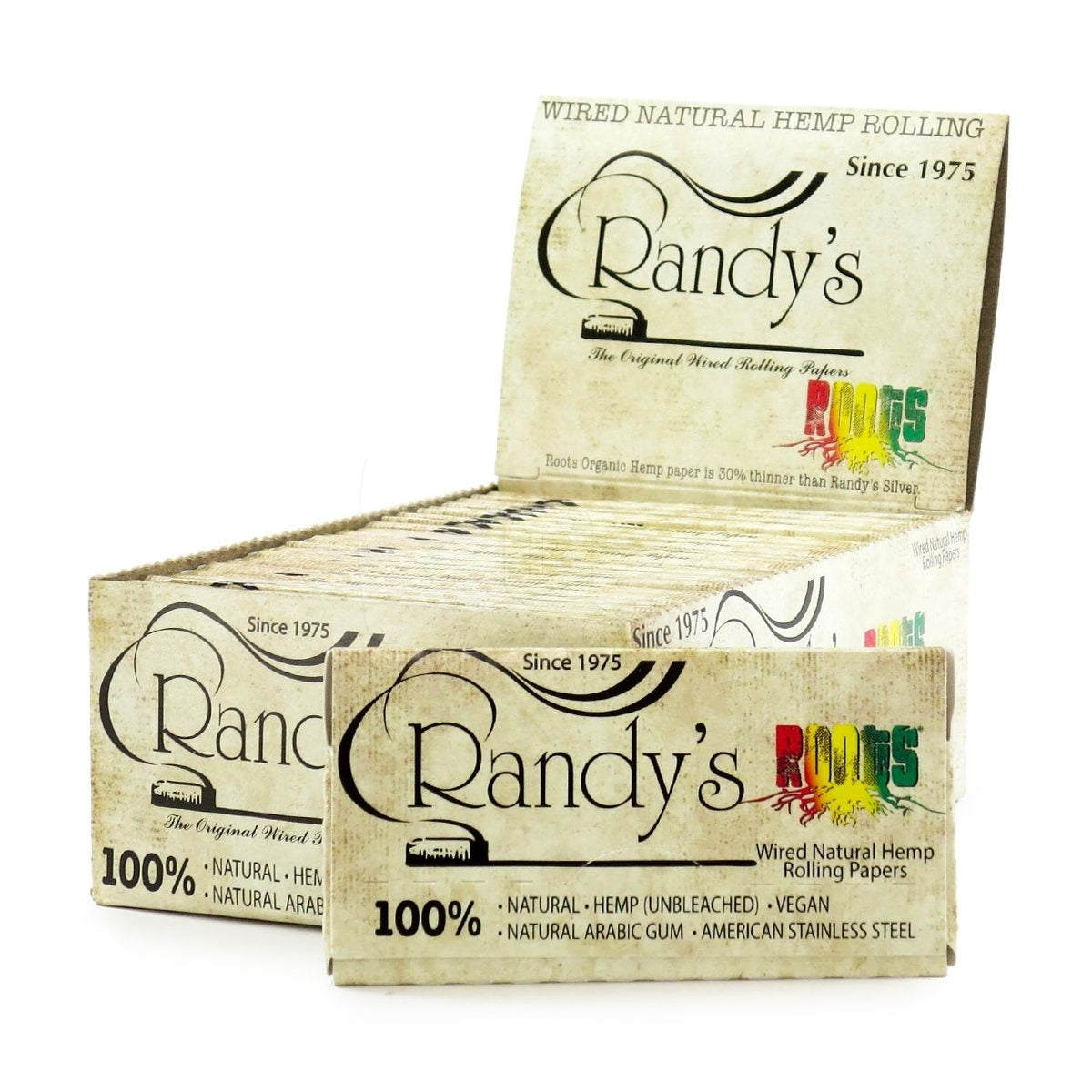 Randy's - 24 Roots Hemp 1 1/4 Size Wired Rolling Papers 25pk. Display