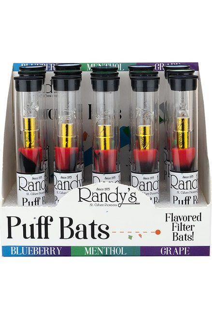 Front view of the Randy's puff bats display box. A novel single hit product with enhanced flavored filter with a silicone tip.