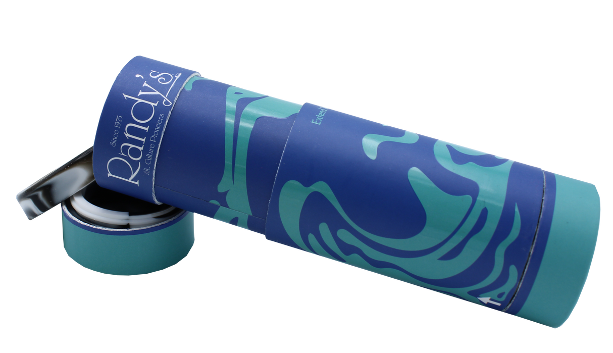 open view of the Randy's Pure Air filter and stash jar. A personal filter for discrete smoking experience that also doubles as a stash for all your smoking supplies. Covered in a blue swirl designed cover.