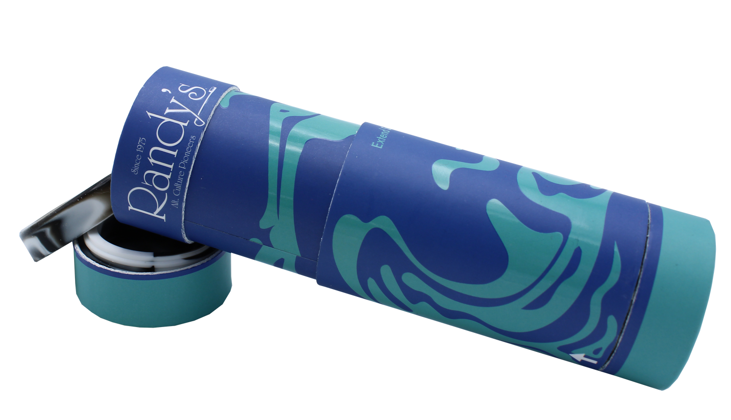 open view of the Randy's Pure Air filter and stash jar. A personal filter for discrete smoking experience that also doubles as a stash for all your smoking supplies. Covered in a blue swirl designed cover.