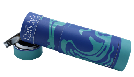 open view of the Randy's Pure Air filter and stash jar. A personal filter for discrete smoking experience that also doubles as a stash for all your smoking supplies. Covered in a blue swirl designed cover.