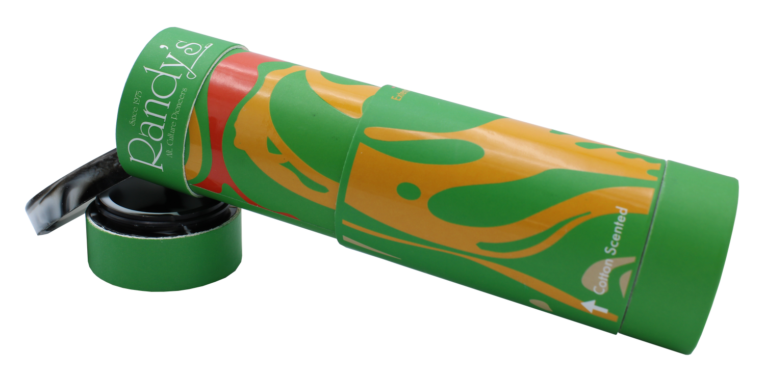 open view of the Randy's Pure Air filter and stash jar. A personal filter for discrete smoking experience that also doubles as a stash for all your smoking supplies. Covered in a green and yellow swirl designed cover