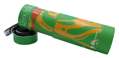 open view of the Randy's Pure Air filter and stash jar. A personal filter for discrete smoking experience that also doubles as a stash for all your smoking supplies. Covered in a green and yellow swirl designed cover