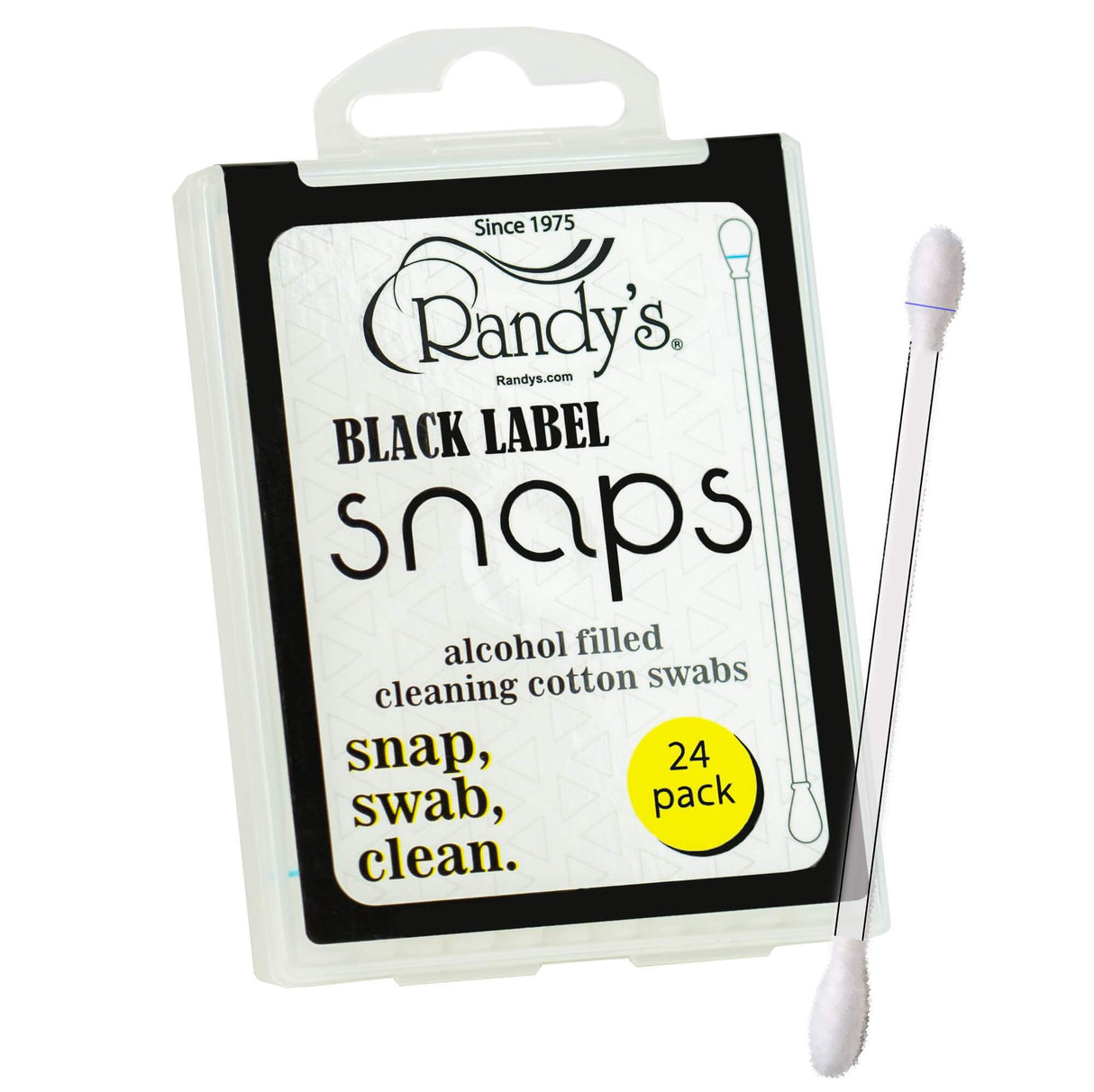 front view of the Randy's black label alcohol cotton swabs. Made for ease of use and pre filled with alcohol to clean quickly and mess free.