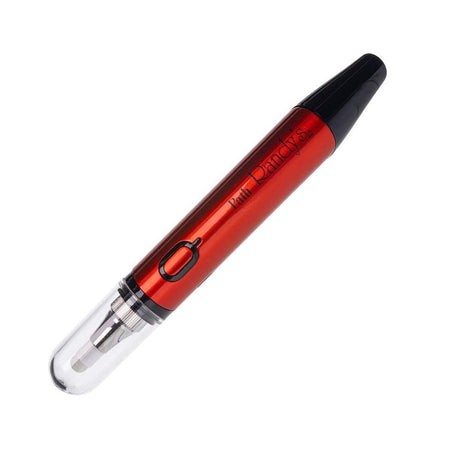 front view of the red Randy's Path vaporizer. A universal nectar collector and battery. A glass bubbler and quartz tip.