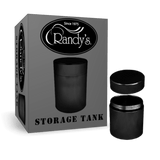 Randy's 45mm black aluminum storage tank packaging with the product displayed alongside the box. The product is in a sleek black finish.