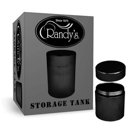 Randy's 45mm black aluminum storage tank packaging with the product displayed alongside the box. The product is in a sleek black finish.
