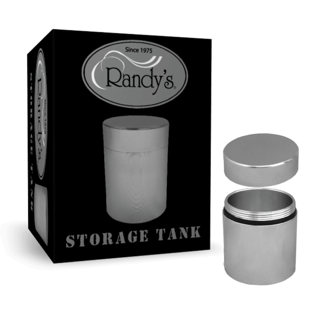 front view of the 45mm Randy's silver storage tank made from a durable metal and a brush silver finish.