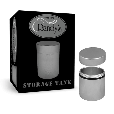 front view of the 45mm Randy's silver storage tank made from a durable metal and a brush silver finish.