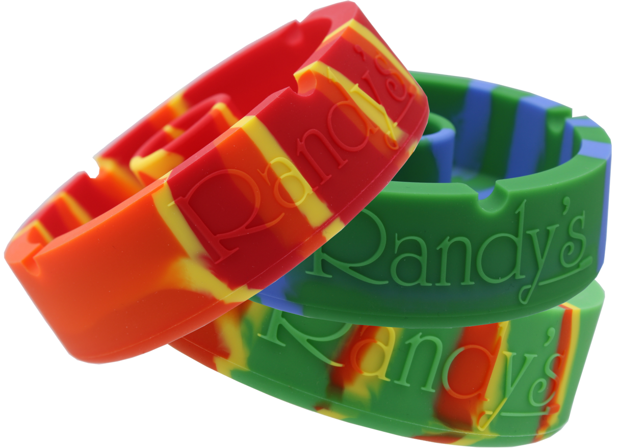 front view of the randy's 5" circle silicone ashtray. A durable ashtray with a circular bumper debowler.