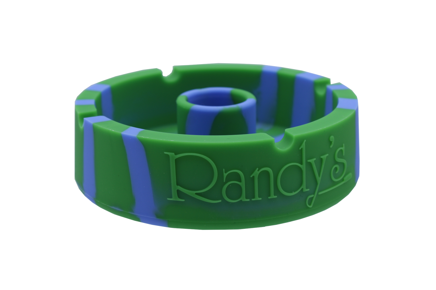 front view of the randy's 5" circle silicone ashtray. A durable ashtray with a circular bumper debowler. Casted in green and blue colors