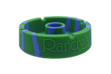 front view of the randy's 5" circle silicone ashtray. A durable ashtray with a circular bumper debowler. Casted in green and blue colors