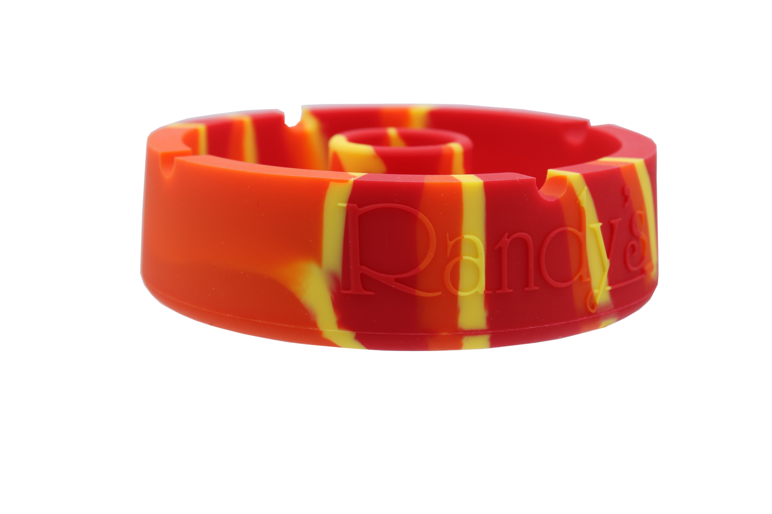 front view of the randy's 5" circle silicone ashtray. A durable ashtray with a circular bumper debowler. Casted in orange, red and yellow colors