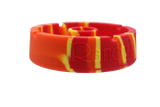 front view of the randy's 5" circle silicone ashtray. A durable ashtray with a circular bumper debowler. Casted in orange, red and yellow colors