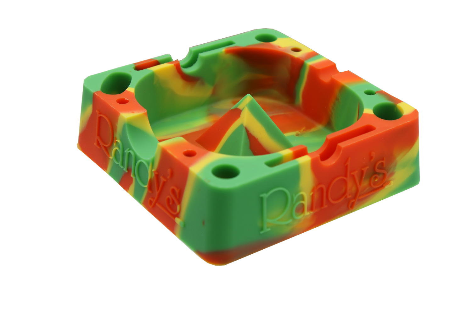 angle view of the Randy's 7" ashtray. A heat resistant and durable ash tray with storage compartments and a debowler spike in the center for ease of cleaning. casted in rasta colors