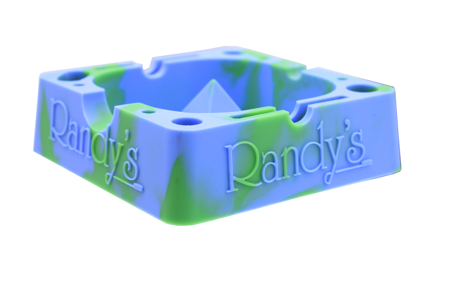 angle view of the Randy's 7" ashtray. A heat resistant and durable ash tray with storage compartments and a debowler spike in the center for ease of cleaning. casted in blue and green colors