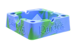 angle view of the Randy's 7" ashtray. A heat resistant and durable ash tray with storage compartments and a debowler spike in the center for ease of cleaning. casted in blue and green colors