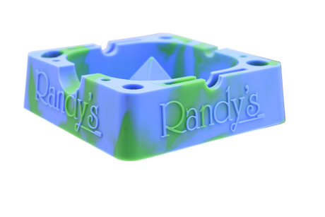 angle view of the Randy's 7" ashtray. A heat resistant and durable ash tray with storage compartments and a debowler spike in the center for ease of cleaning. casted in blue and green colors