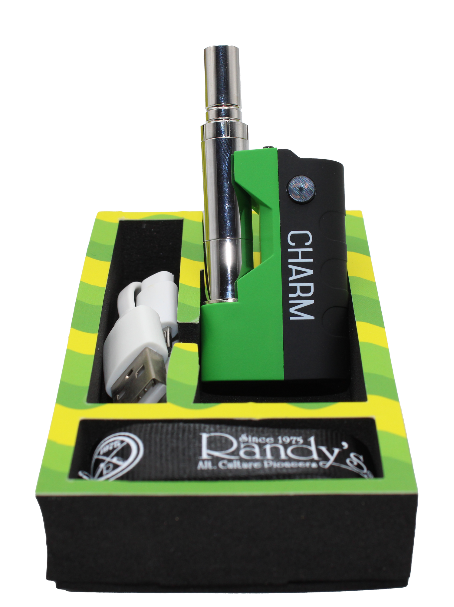 open box view of the Randy's Cham vaporizer made with a durable body, tactile feel, and open panel chassis, along with its charging cable with carrying lanyard.