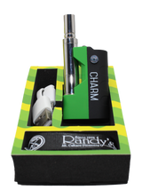 open box view of the Randy's Cham vaporizer made with a durable body, tactile feel, and open panel chassis, along with its charging cable with carrying lanyard.