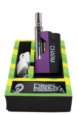 open box view of the Randy's Cham vaporizer made with a durable body, tactile feel, and open panel chassis, along with its charging cable with carrying lanyard.