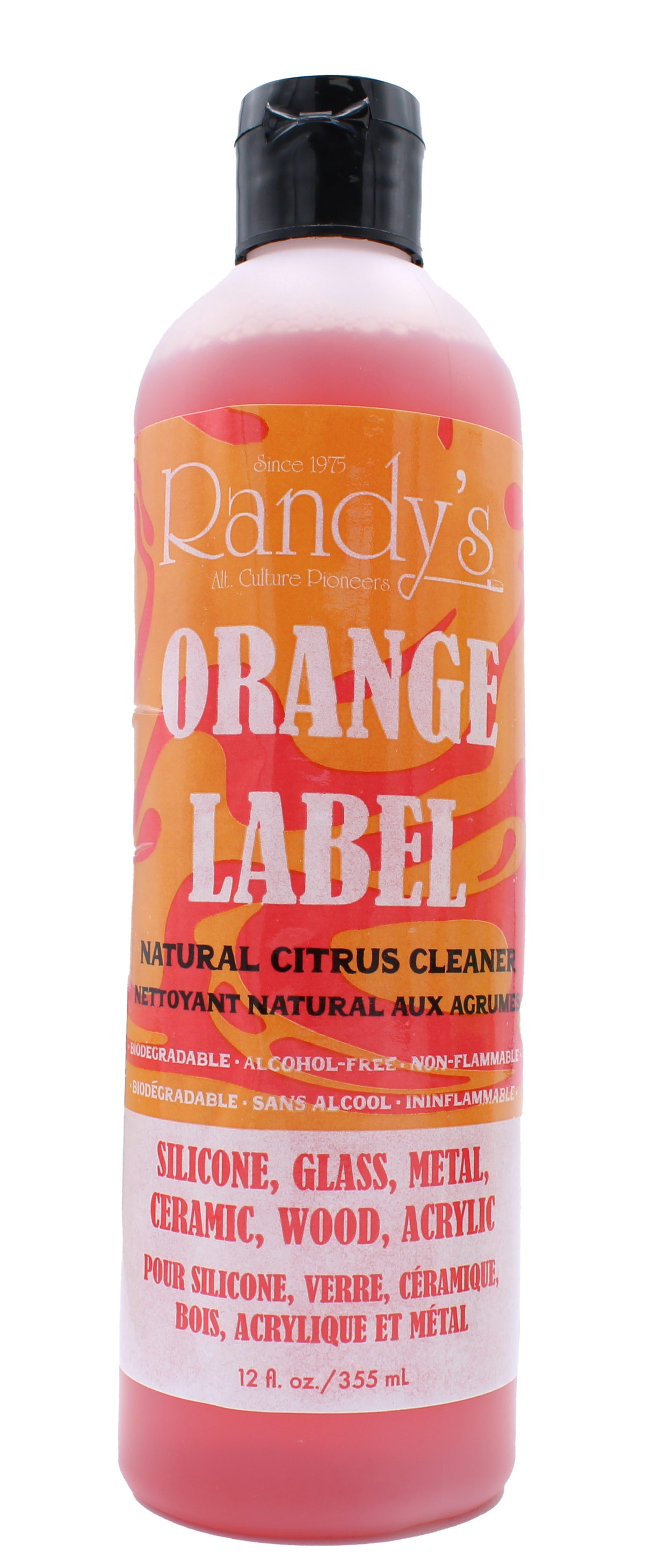 front view of the randy's orange label cleaner. made for silicone, glass, metal, ceramic, wood, and acrylic surfaces for a clean shiny finish for peak smoking experience.